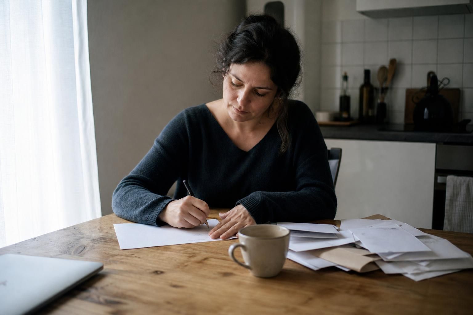Une personne prépare sa lettre de résiliation sur la table de sa cuisine